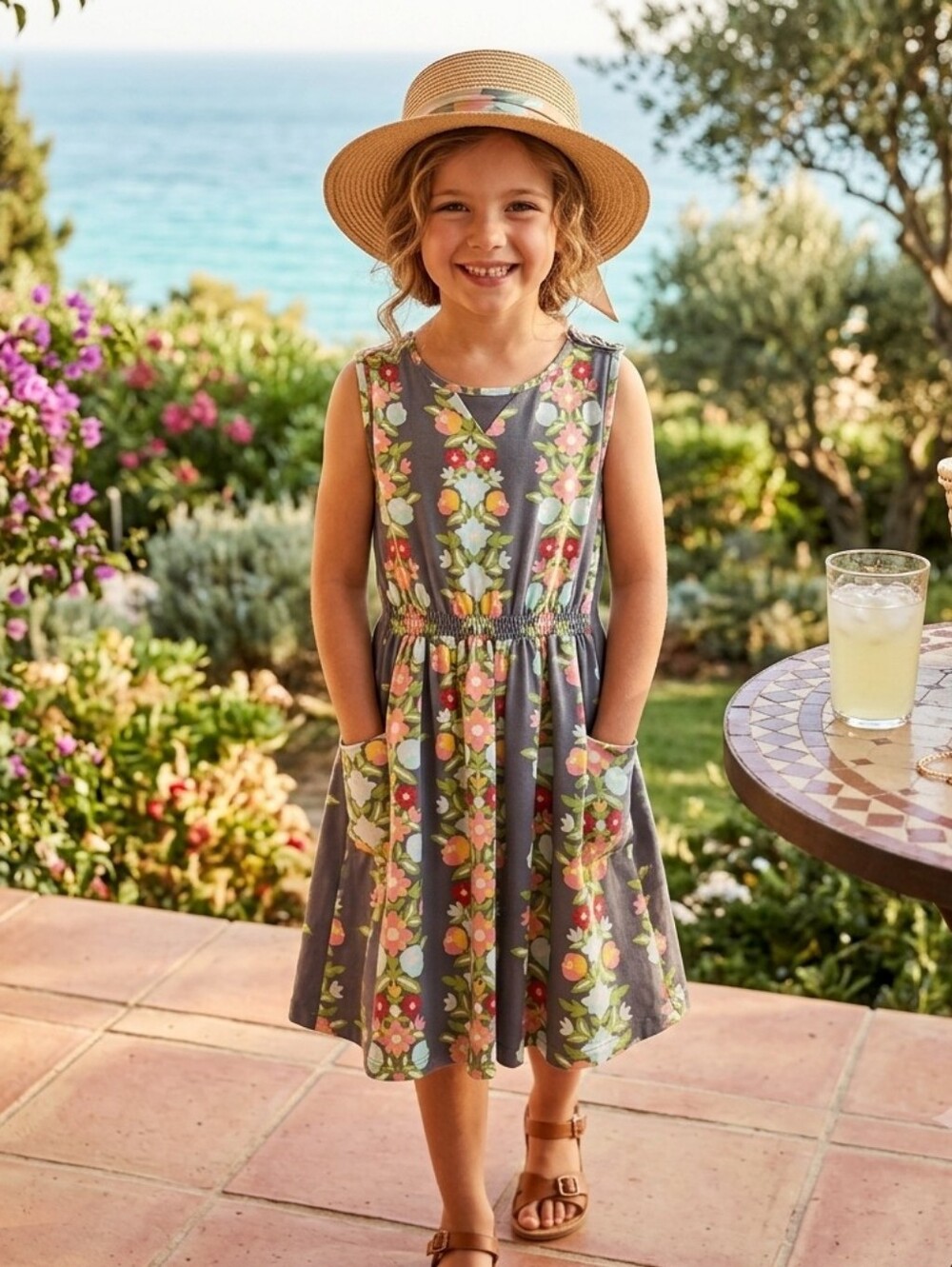Matilda Jane Girls Gray Floral "435" Sleeveless Pocket Dress - 12